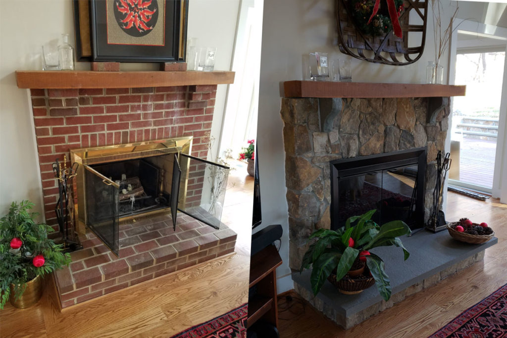 before and after of interior fireplace